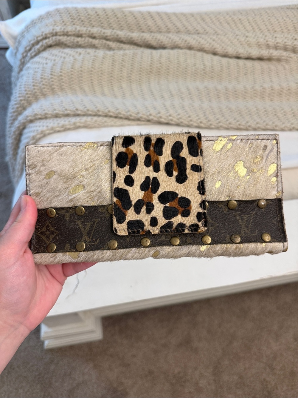 Leopard Accent Trifold Wallet with Monogram Trim
